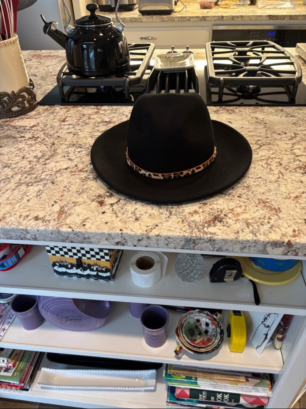 Cost Plus World Market Black Wide-Brim Fedora with Leopard Print Band